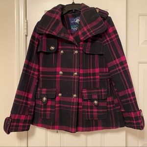 Enlightened Outerwear Pink Plaid Short Pea Coat